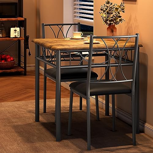 Dining Table Set for 2, Kitchen Table with 2 Upholstered Chairs, Wood 3-Piece Kitchen Dining Room Table Set for Apartment, Small Space, Space Saving, Retro Brown