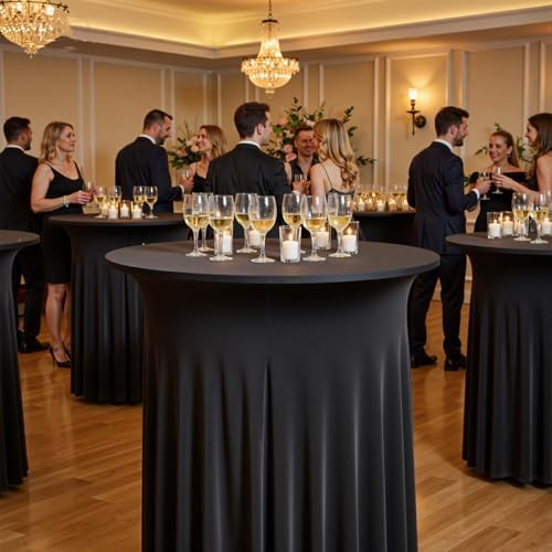 2 pk Black Cocktail Table Cloth Round 32×43in-High Top Highboy Bar Cocktail Tablecloths-Wrinkle Free Stretchy Fitted Spandex Table Covers with Ruffle Desk Skirt for Wedding Banquet Party Tables