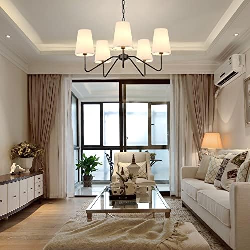 5-Light Black 30” Modern Chandelier with White Shades for Dining Room