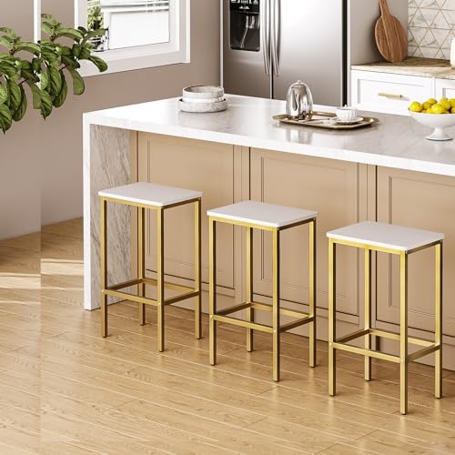 MAHANCRIS Bar Stools, Set of 2 Bar Chairs, Kitchen Breakfast Bar Stools with Footrest, 25.8-Inch Height, Rectangular Industrial Stools, for Dining Room, Easy Assembly, White and Gold BAJW0101