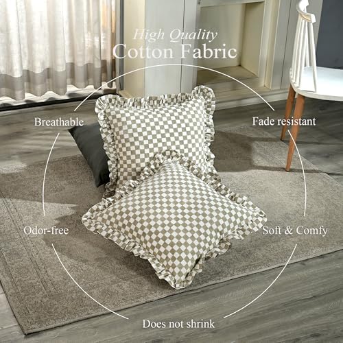CPC Sage Gingham Print Ruffle Throw Pillow Cover 18x18 Inch, Pack of 2