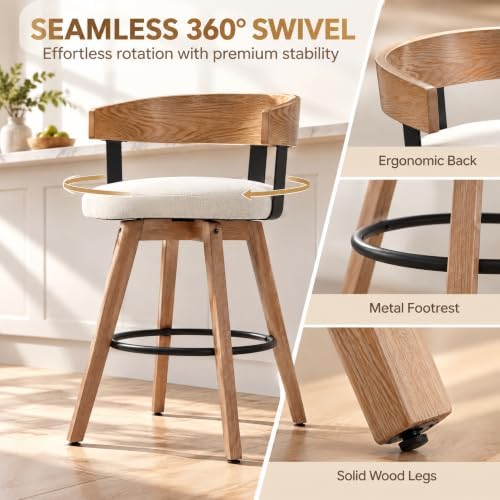 DUOMAY Swivel Bar Stools Set of 1, 26" Counter Height Counter Stool with Footrest Modern Wood Barstool with Linen Upholstered Seat for Kitchen Island Home Bar, White