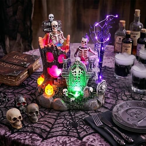 Valery Madelyn Halloween Decorations, Lighted Halloween Village with Music and LED Lights, Resin Spooky Tree and Skeleton Gravestones Scene Haunted House for Home and Party Table Desk Mantel, 8 Inch