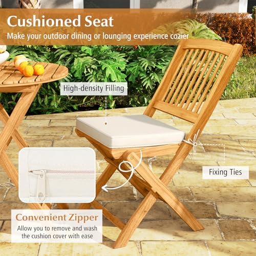 Tangkula 2 Pieces Folding Outdoor Dining Chairs, Acacia Wood Patio Chairs with Soft Cushions, Slatted Backrests and Seats, Outdoor Chairs for Porch, Balcony, Deck and Yard (One-Size,Beige,2)