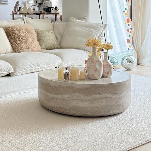 ø31.5'' Round Stone Coffee Table for Living Room, Modern Drum Circle Faux Concrete Marble Coffee Table, Fiber Glass Material, No Assembly (Mars Texture, ø31.5'' x 11.8'')