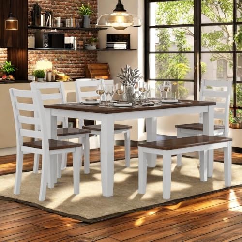 LUMISOL 6-Piece Farmhouse Dining Table Set for 6-7, Solid Wood Kitchen Table Set with Bench and Chairs, Rustic Table and Chairs Set for Kitchen, Dining Room, Walnut + Cottage White