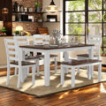 LUMISOL 6-Piece Farmhouse Dining Table Set for 6-7, Solid Wood Kitchen Table Set with Bench and Chairs, Rustic Table and Chairs Set for Kitchen, Dining Room, Walnut + Cottage White