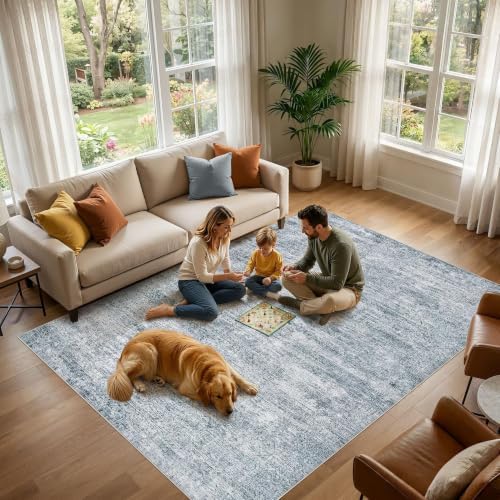 9x12 Rugs for Living Room: Washable Non Slip Navy Blue Area Rug