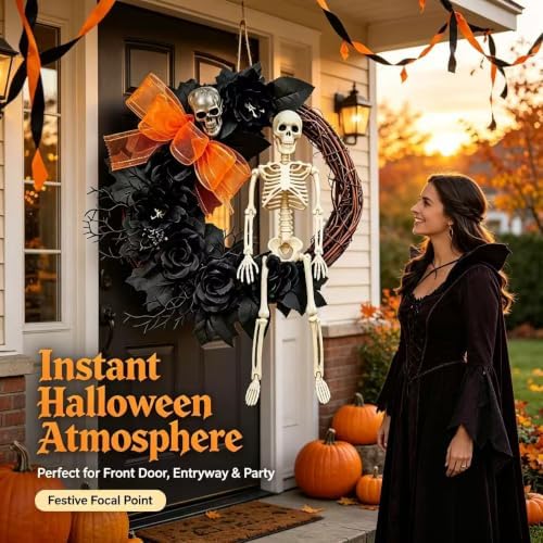 Halloween Skull Wreath Black Glitter Branch Artificial Wreath for Front Door Inch Spooky Halloween Decor Skull Top Hat Striped Bow Decor for Home Party Wall Porch Gothic Holiday Decoration