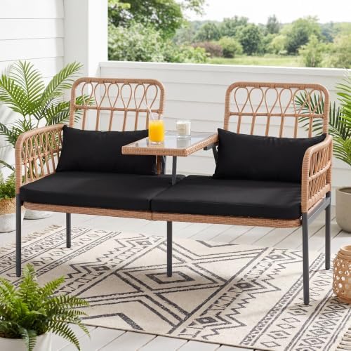 PROHIKER Outdoor Rattan Loveseat with Built-in Glass Table, 2-Seat Wicker Patio Furniture Set with Lumbar Pillows & Thick Cushions, All-Weather Conversation Sofa for Balcony, Porch & Backyard