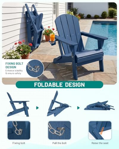 PLUUV Adirondack Chair Set of 2, Fire Pit Chairs with Cup Holder, Navy