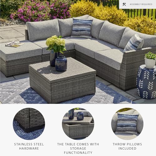 Signature Design by Ashley Petal Road 4-Piece Outdoor Patio Furniture Set, Modular Loveseat Sectional with Storage Table, Rust-Free Aluminum and Resin Wicker, Ideal for Backyard Seating, Gray