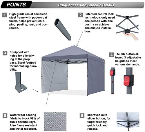 ABCCANOPY Easy Pop up Canopy Tent with 2 Sidewalls for Outdoor Sun Blocking or Rain Protection,8X8, Gray
