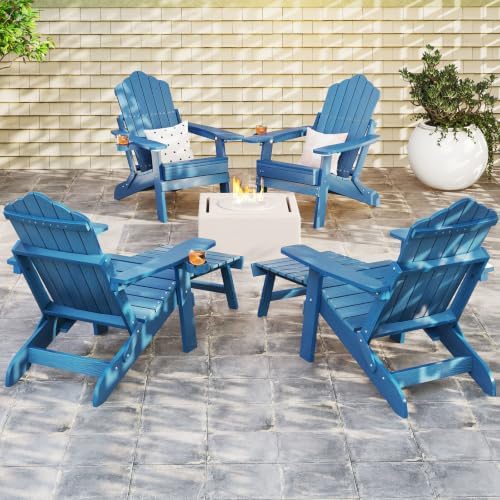 GIANTEX Folding Adirondack Chair, All-Weather Lounge Chair with Adjustable Backrest, Retractable Ottoman, Cup Holder, HIPS Fire Pit Chair for Lawn, Pool, Patio, Porch (2, Navy)