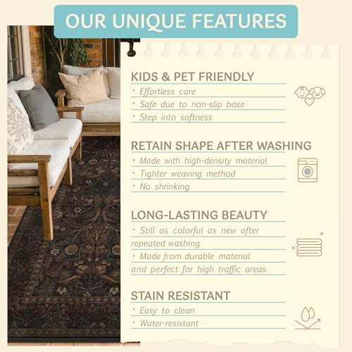 Washable 8x10 Area Rugs for Living Room, Black and Brown Halloween Rug for Bedroom Dining Room, Moody Floral Farmhouse Western Style Decor, Large Gold Southwest Non Slip Low Pile Carpet (Dark Brown)