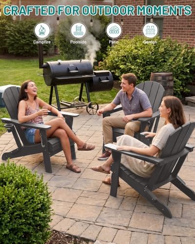 PLUUV Adirondack Chair Set of 2, Fire Pit Chairs with Cup Holder, Grey