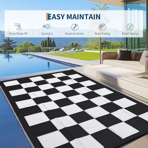 GarveeHome Outdoor Rug 5 x 8 Waterproof Modern Checkboard Plastic Straw Rug