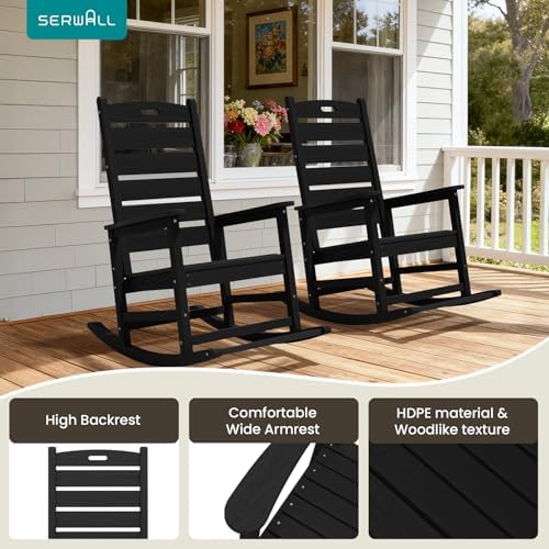 SERWALL Outdoor Rocking Chair Set of 2, Oversized HDPE Rocker, Black