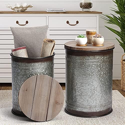 Rustic Storage Ottoman Seat Stool, Farmhouse Accent Side Table, Antique Galvanized Metal End Table Box Bin with Round Wooden Lid Set of 2 (Stand Galvanized)