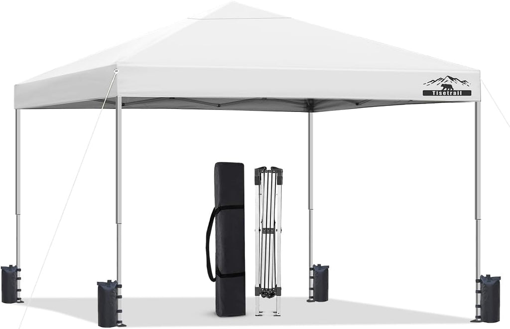 10x10ft Pop Up Canopy Tent - Instant Shelter, Easy Outdoor Sun Shade for Events, Parties, Camping, Portable Outdoor Canopies, Silver Coated Top UPF 50+, 4 Weight Bags - White