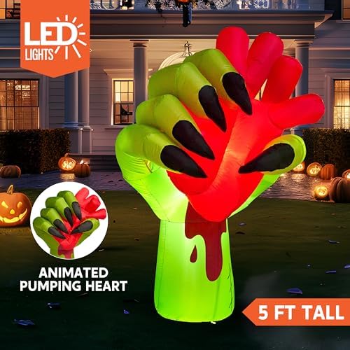 JOIEDOMI 5 Ft Halloween Inflatables Zombie Hand Outdoor Decorations, Blow Up Decors with Build-in LEDs and Pumping Heart, Halloween Inflatables Zombie Hand Party Decoration for Yard Garden Lawn