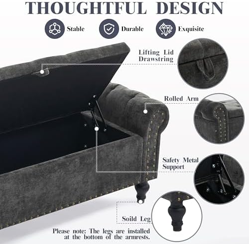 51" Storage Bench for Bedroom, Upholstered Ottoman Bench, Chenille DarkGray