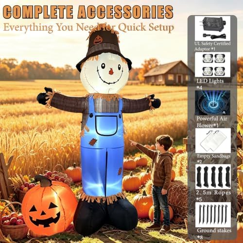 8 FT Fall Inflatables Scarecrow Decorations, Scarecrow with Pumpkin Inflatable Yard Decor Built-in LEDs,Scarecrow Blow Up Yard Decorations for Halloween Thanksgiving Fall Autumn Harvest Lawn Garden