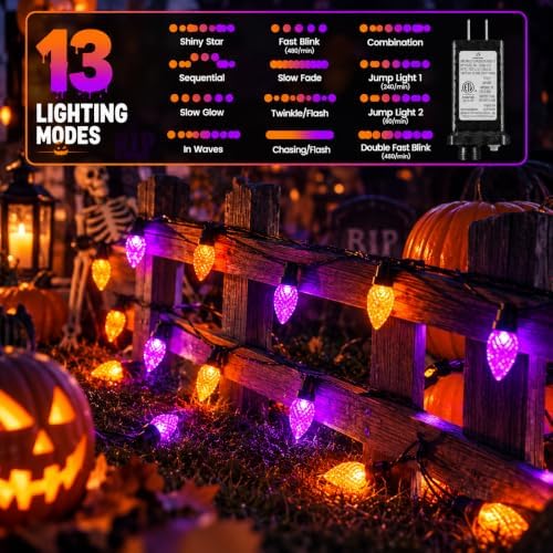 2PK 100 LED 86FT Connectable C9 Halloween Lights Outdoor, Purple and Orange
