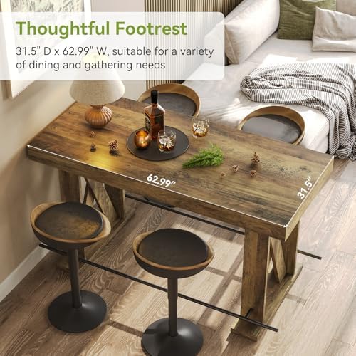 LITTLE TREE 63" Bar Table, Pub Table with Metal Footrest (Rustic Brown,1)