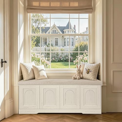 DINZI LVJ Shoe Storage Bench with Cushion, Door, Rustic White 47.2"LX17.7"H