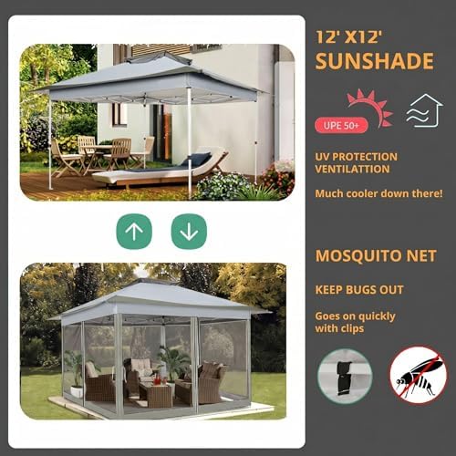 COBIZI 12x12 Pop Up Gazebos On Clearance - Portable Gazebo with Mosquito Nettings- Upgrade Easy Up Outdoor Canopy Waterproof, 4 Ropes 8 Stakes and Carry Bag for Patio Garden(Dark Gray)