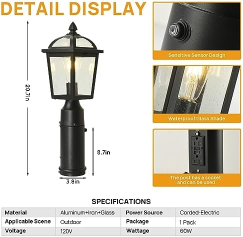 Outdoor Post Light with GFCI Outlet, Dusk to Dawn Lamp Post Light