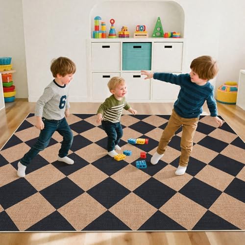 Garvee 6x9 Geometric Entryway Rug Easy Jute Washable Rugs, Black Brown