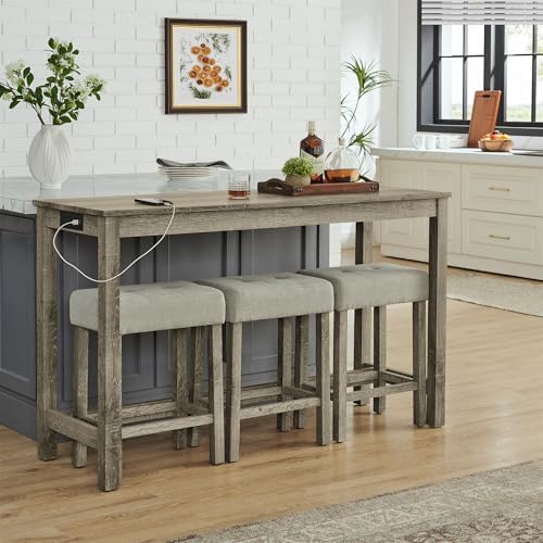 Merax 59" Bar Table Set with Power Outlet,Industrial Breakfast Table with 3 Upholstered Stools w/Footrest,4 Piece Counter Height Bar Table and Chair Set for Living Room,Dining Room,Kitchen,Brown