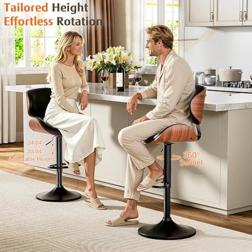 Bar Stools Set of 2, Swivel Adjustable with Bentwood Backrest, Black