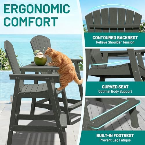 PLUUV Tall Adirondack Chairs Set of 2 with Double Connecting Trays, Grey