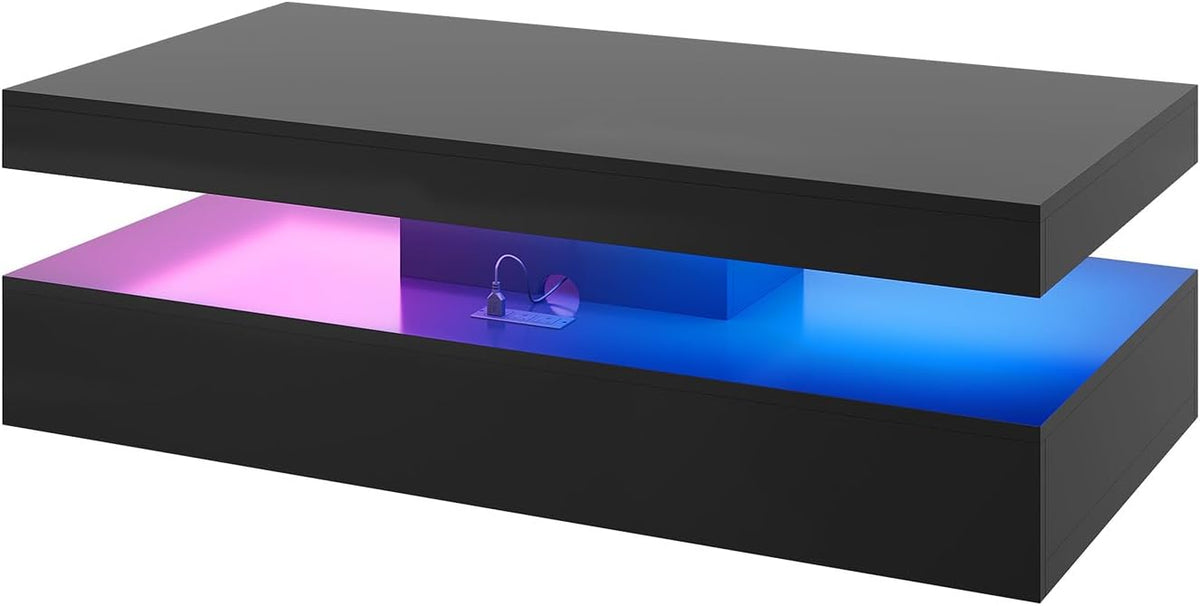 47" High-Glossy LED Coffee Table with 2 Sliding Drawers,Black