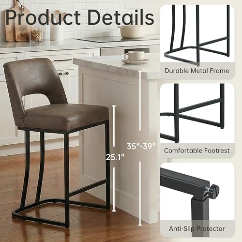 Usaint 25" Counter Height Faux Leather Bar Stools Set of 2, Dark Brown