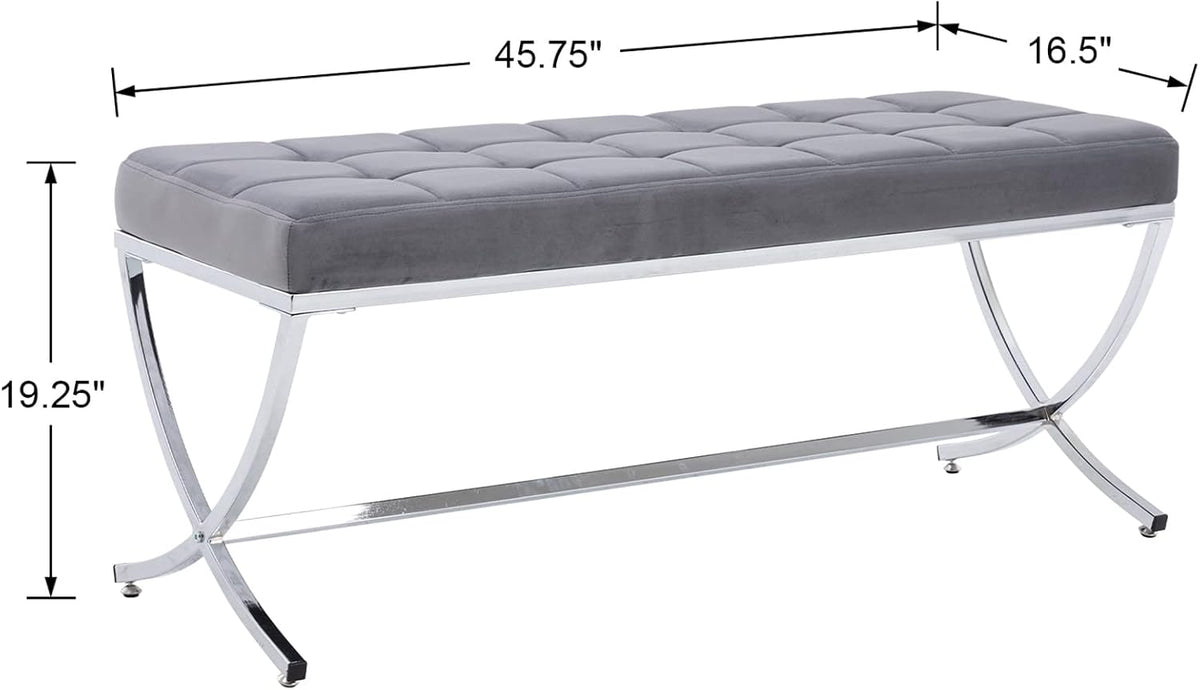 DUOMAY Modern Tufted Ottoman Bench, Velvet Upholstered Dining Bench, Button Tufted Footrest Stool Vanity Seat with with X Metal Legs, 45.75" W x 16.5" D x 19.25" H, Grey