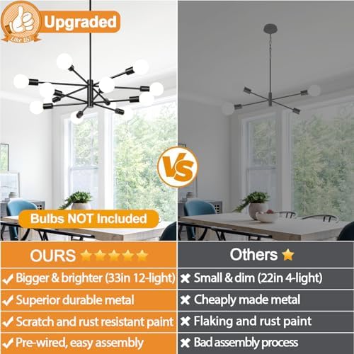11"-52" Height Adjustable Modern Chandelier Ceiling Light Fixture, 12-Light Sputnik Chandeliers Matte Black Mid Century Chandelier Over Table, Chandeliers for Dining Room Living (Bulbs Not Included)
