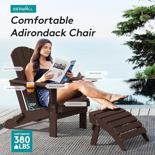 SERWALL Outdoor Adirondack Chair Set of 4 with Cup Holders,Foldable,Coffee