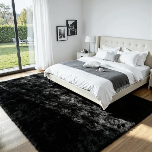 8x10 Black Area Rug for Bedroom, Living Room, Soft Fluffy Fuzzy Shag Rug