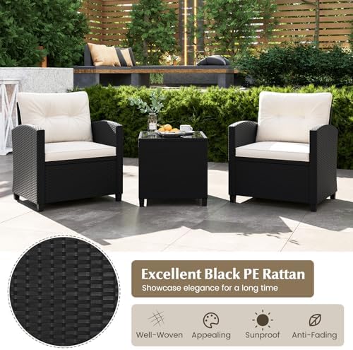 Tangkula 3 Piece Patio Furniture Set, Rattan Conversation Set w/Soft Seat & Back Cushions, Tempered Glass Topped Coffee Table, Cushioned Wicker Seating Set for Backyard, Porch, Poolside (Off White)
