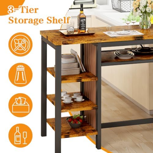 DKLGG 3-Piece Bar Table and Chairs Set, Counter Height Dining Table Set with Storage & 2 Upholstered Stools, Hightop Kitchen Bar Table for Small Space, Pub & Bistro