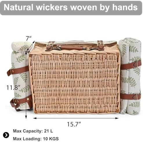 Multifunctional Wicker Picnic Basket Set for 2 with Blanket and Picnic Table, Insulated Picnic Set with Full Tablewares for Camping Outdoor Couples,Leaf