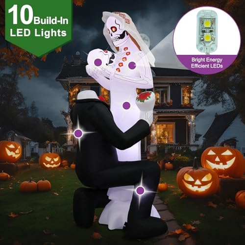Halloween Inflatables Giant 8Ft Tall Skeleton Couple Day of The Dead Outdoor Decorations, Spooky Blow Up Skull Lovers Yard Decor Built-in 10 LED Lights for Outside Party Lawn Garden