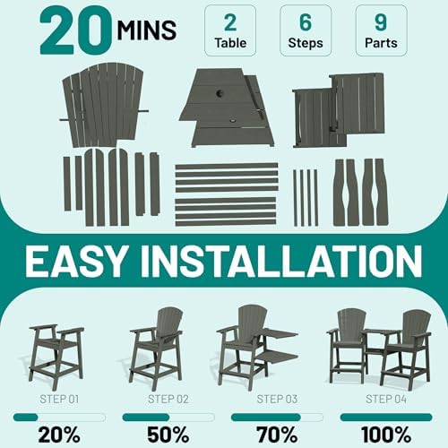 PLUUV Tall Adirondack Chairs Set of 2 with Double Connecting Trays, Grey