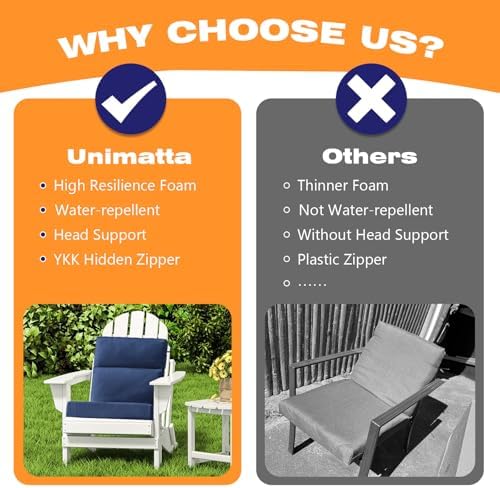 Unimatta Sunbrella Outdoor High Back Chair Cushion Seat Pads, 44 x 21 Inch Water-Repellent & Fade-Resistant Patio Furniture Cushions with Ties for Adirondack, Rocking Chairs, Specrtum Indigo