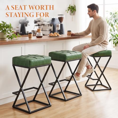 Bar Stools Set of 3, 26 Inch Counter Height Stool Faux Leather Green