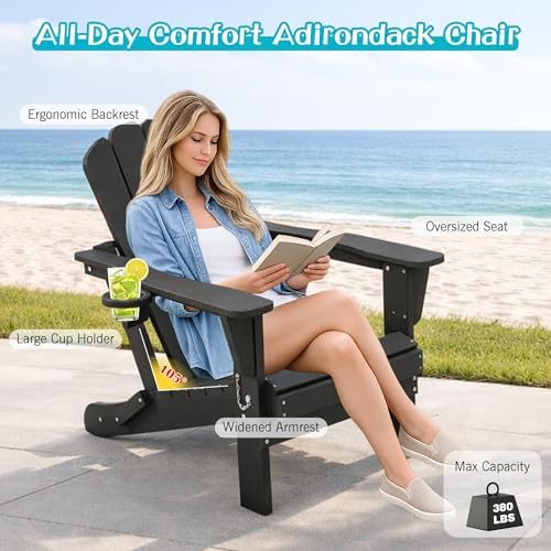 Domi Folding Adirondack Chair Set of 2, HDPE All-Weather Adirondack Chairs with Cup Holder, Outdoor Plastic Fire Pit Chairs Wood Texture for Poolside, Patio, Backyard, Deck (Grey)